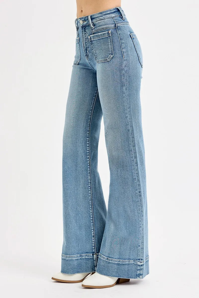 RISEN Full Size High Rise Wide Flare Patch Pocket Jeans Plus Size - Ladyez