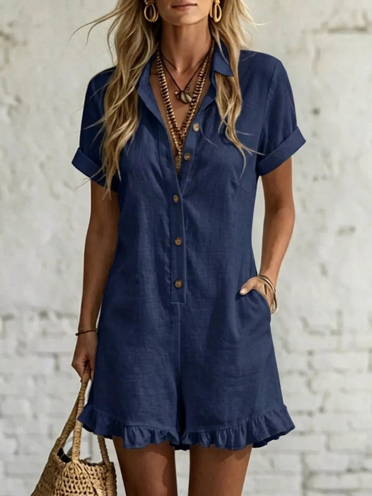 Full Size Button Front Ruffled Hem Romper Plus Size