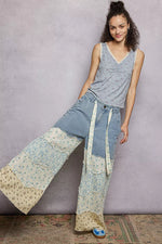 POL Ruched Floral V-Neck Tank with Lace Detail