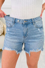 Asymmetric Raw Hem Distressed Whiskery Denim Shorts