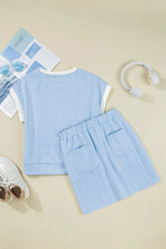 Contrast Trim Textured Crewneck Tee and Pocketed Skirt Set
