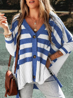 V-Neck Striped Button-Down Cardigan