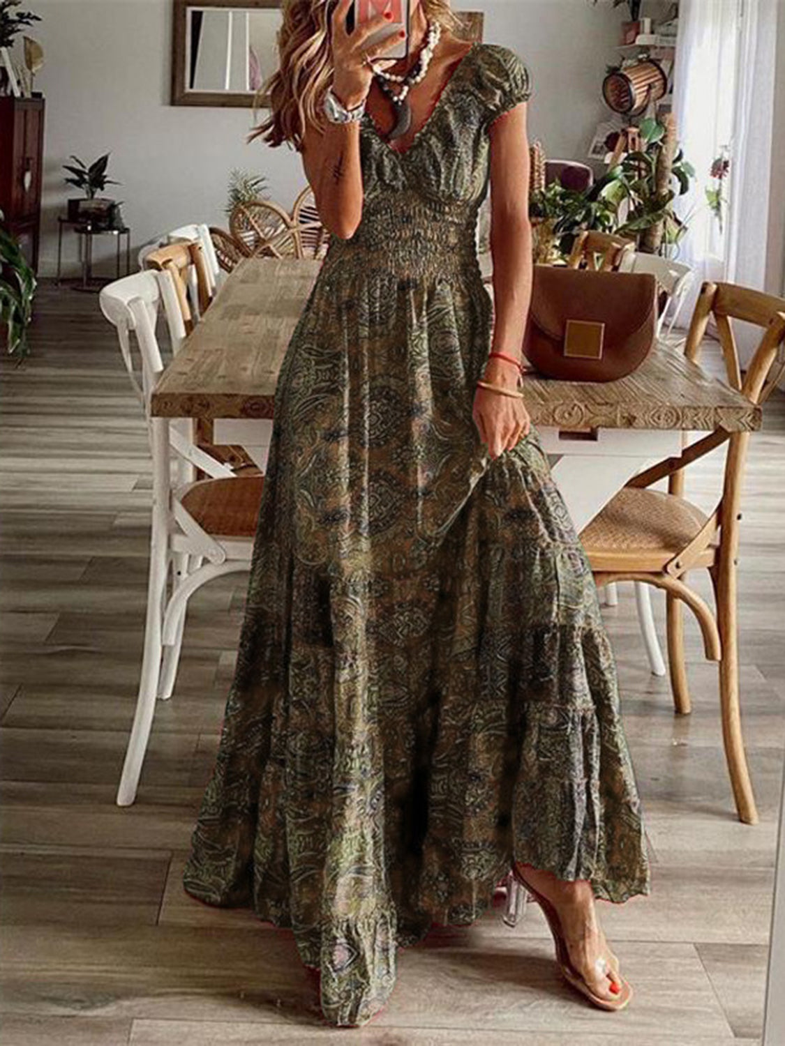 Full Size Smocked Printed V-Neck Short Sleeve Dress - Ladyez