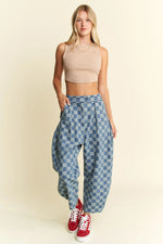 Jade By Jane Plus Size Pleated Checkered High Waist Barrel Pants - Ladyez