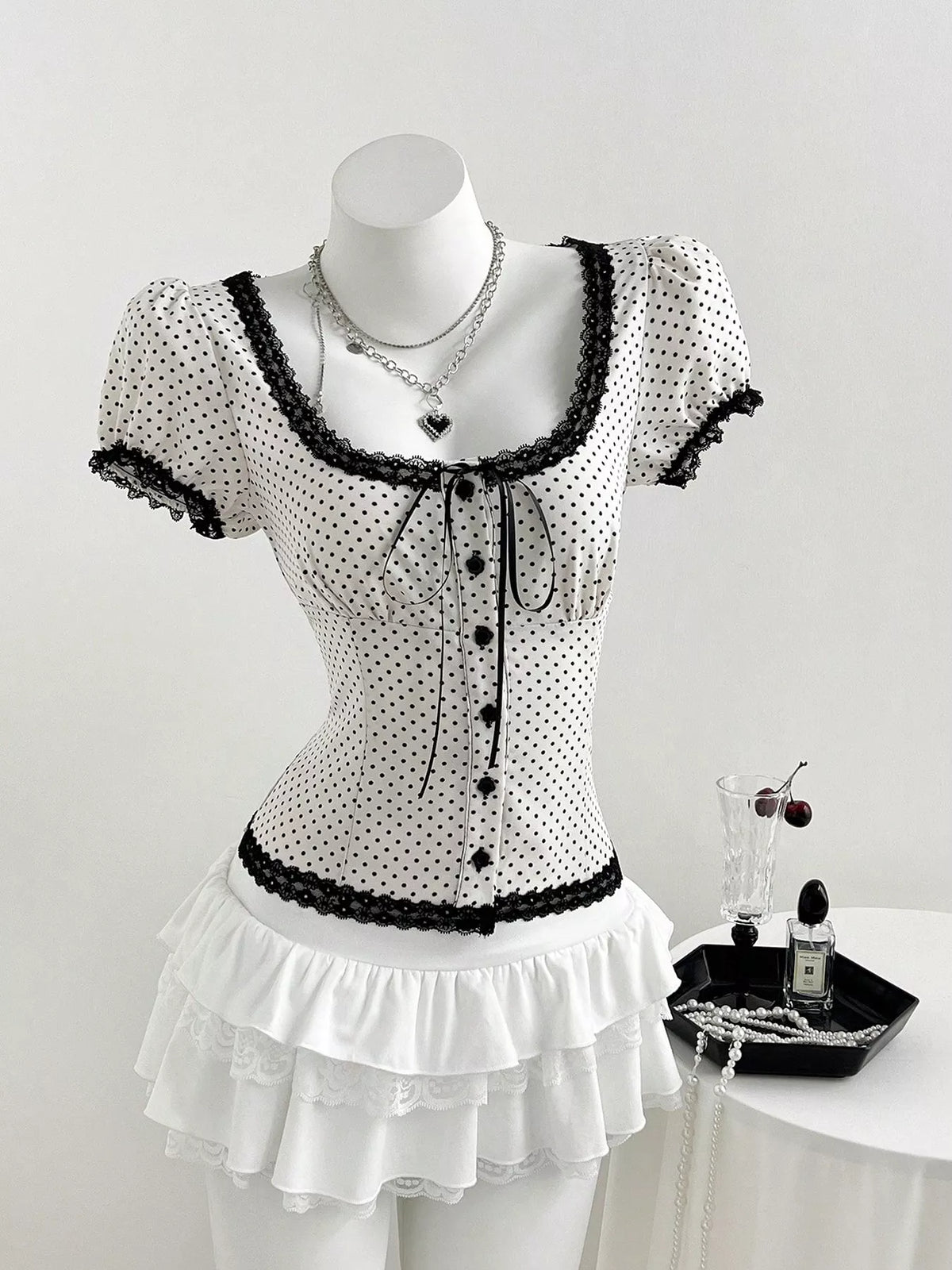 Polka Dot Lace Trim Puff Sleeve Top