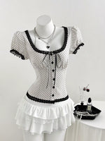 Polka Dot Lace Trim Puff Sleeve Top
