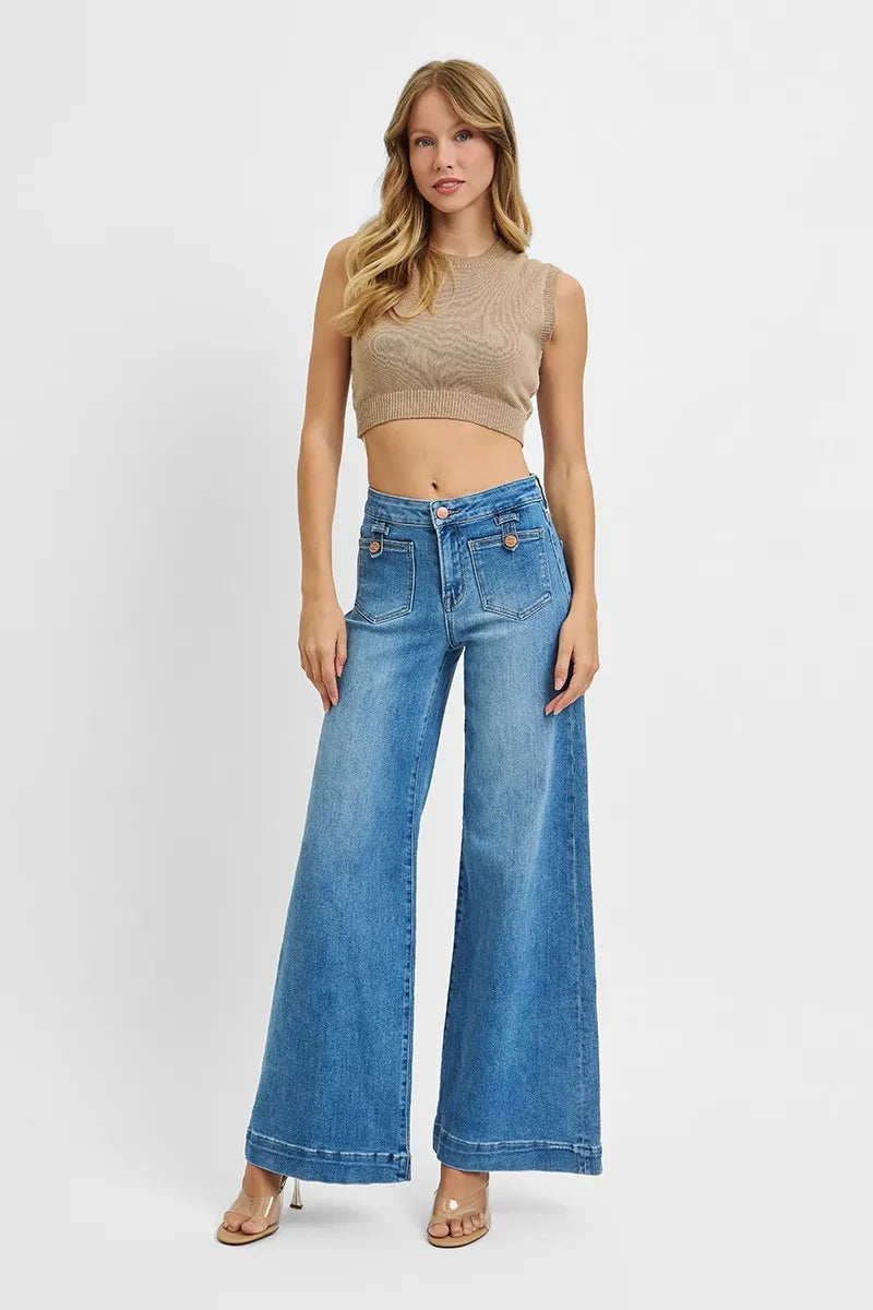 RISEN Full Size Mid Rise Wide Front Patch Pocket Jeans Plus Size - Ladyez
