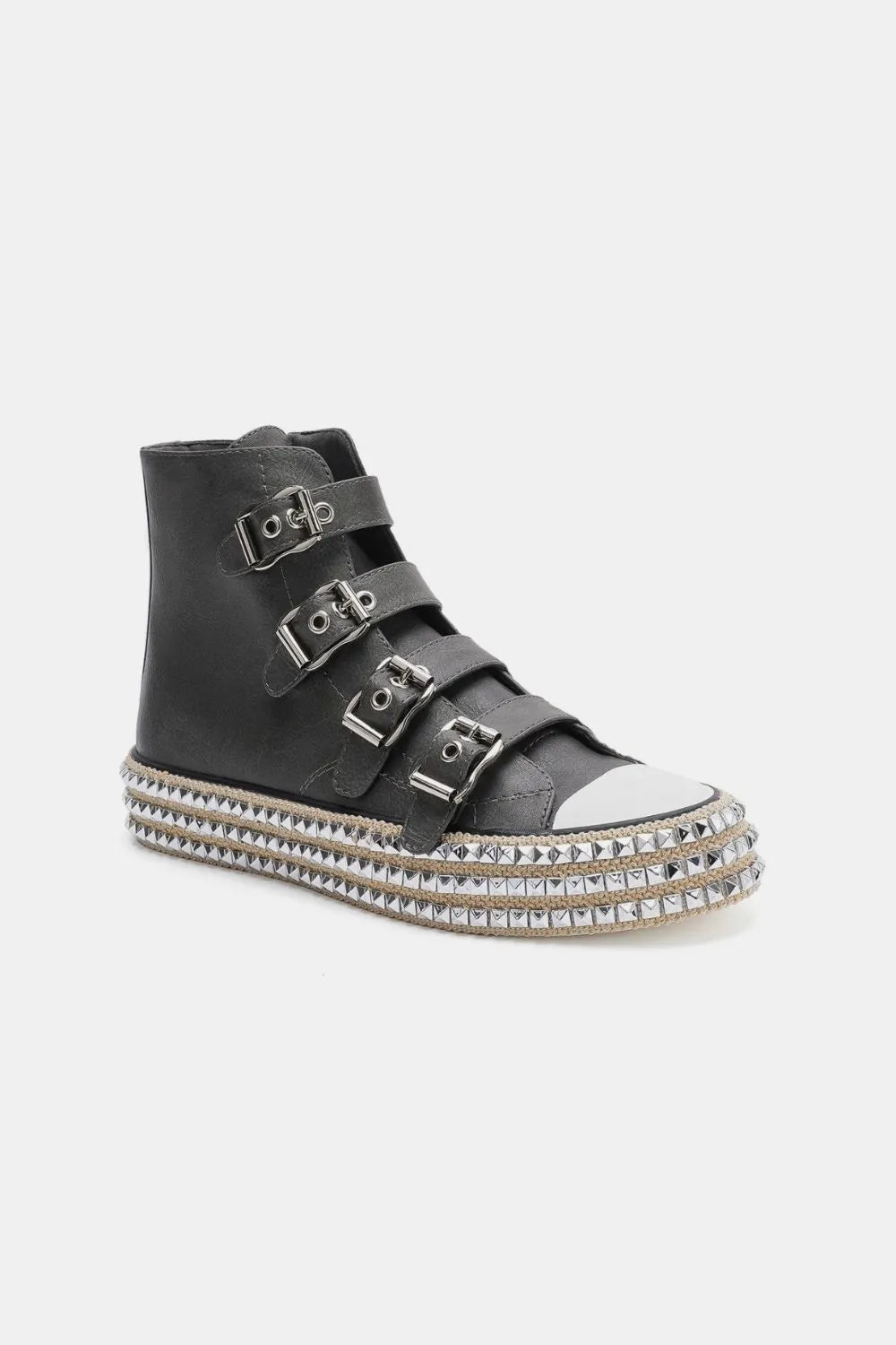 Beast Fashion Multi-Buckle Straps Studded Platform Sneakers - Ladyez