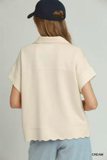 Umgee Half Zip Pullover with Scalloped Edge Hem