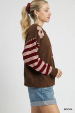 Umgee Flower Jacquard Striped Long Sleeve Sweater