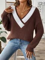 Contrast Trim V-Neck Ribbed Sweater