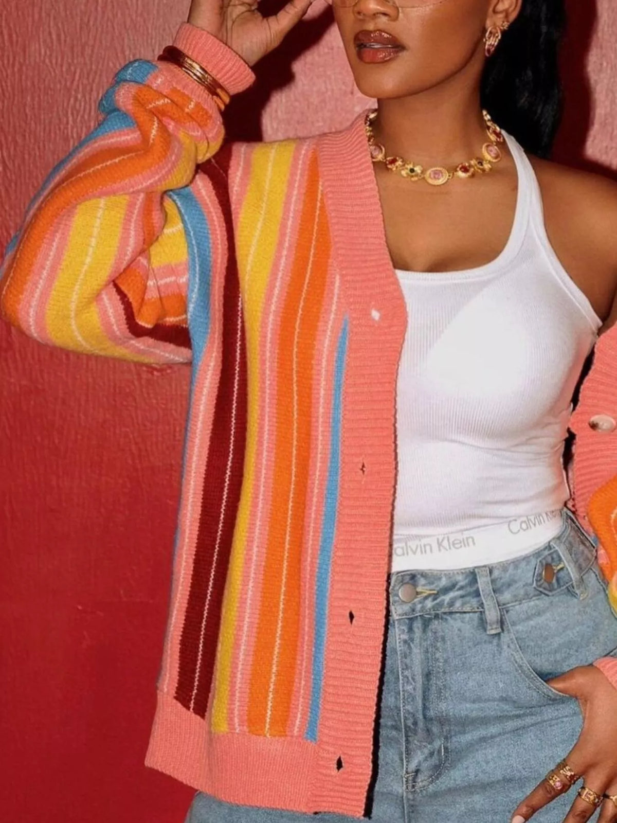 Striped Knit Button Up Cardigan