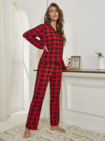 Plaid Collared Neck Long Sleeve Top and Pants Lounge Set - Ladyez