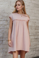 Frilled Trim Crew Neck Cap Sleeve Loose Fit Mini Dress