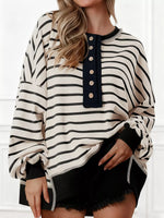 Striped Button Detail Casual Sweatshirt