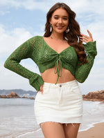 Drawstring Openwork Long Sleeve Cover-Up - Ladyez