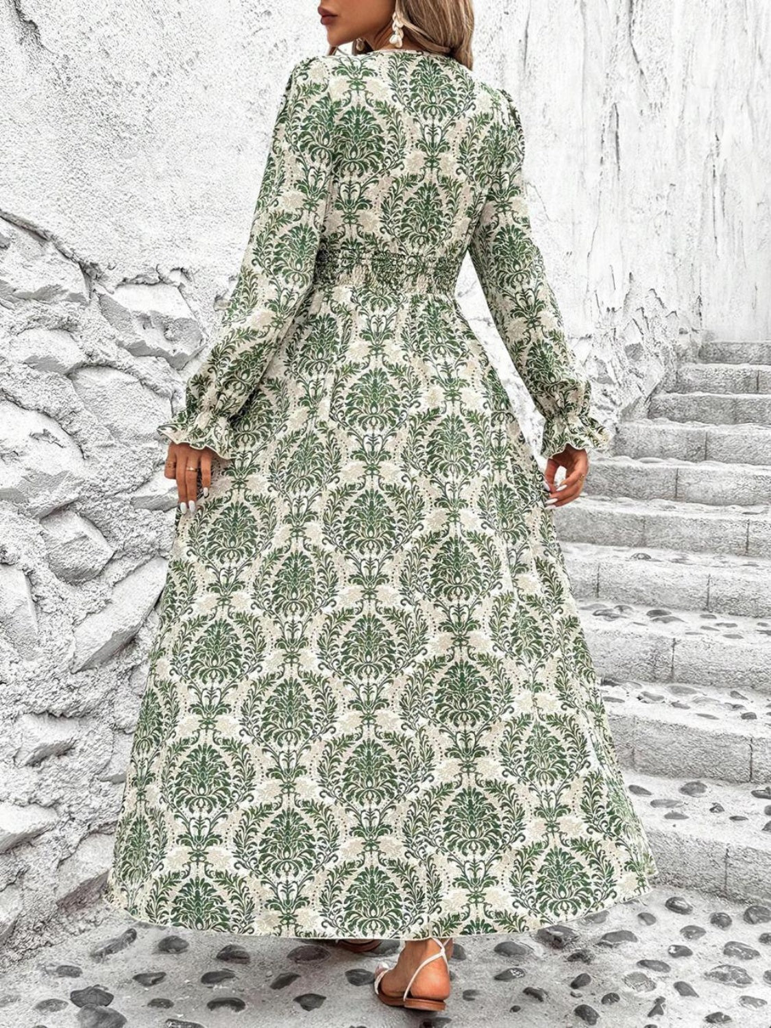 Smocked Printed V-Neck Flounce Sleeve Dress - Ladyez
