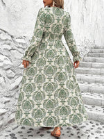 Smocked Printed V-Neck Flounce Sleeve Dress - Ladyez