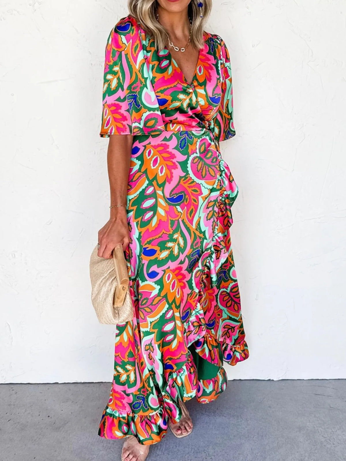 Floral Print Wrap Maxi Dress with Ruffle Details - Ladyez