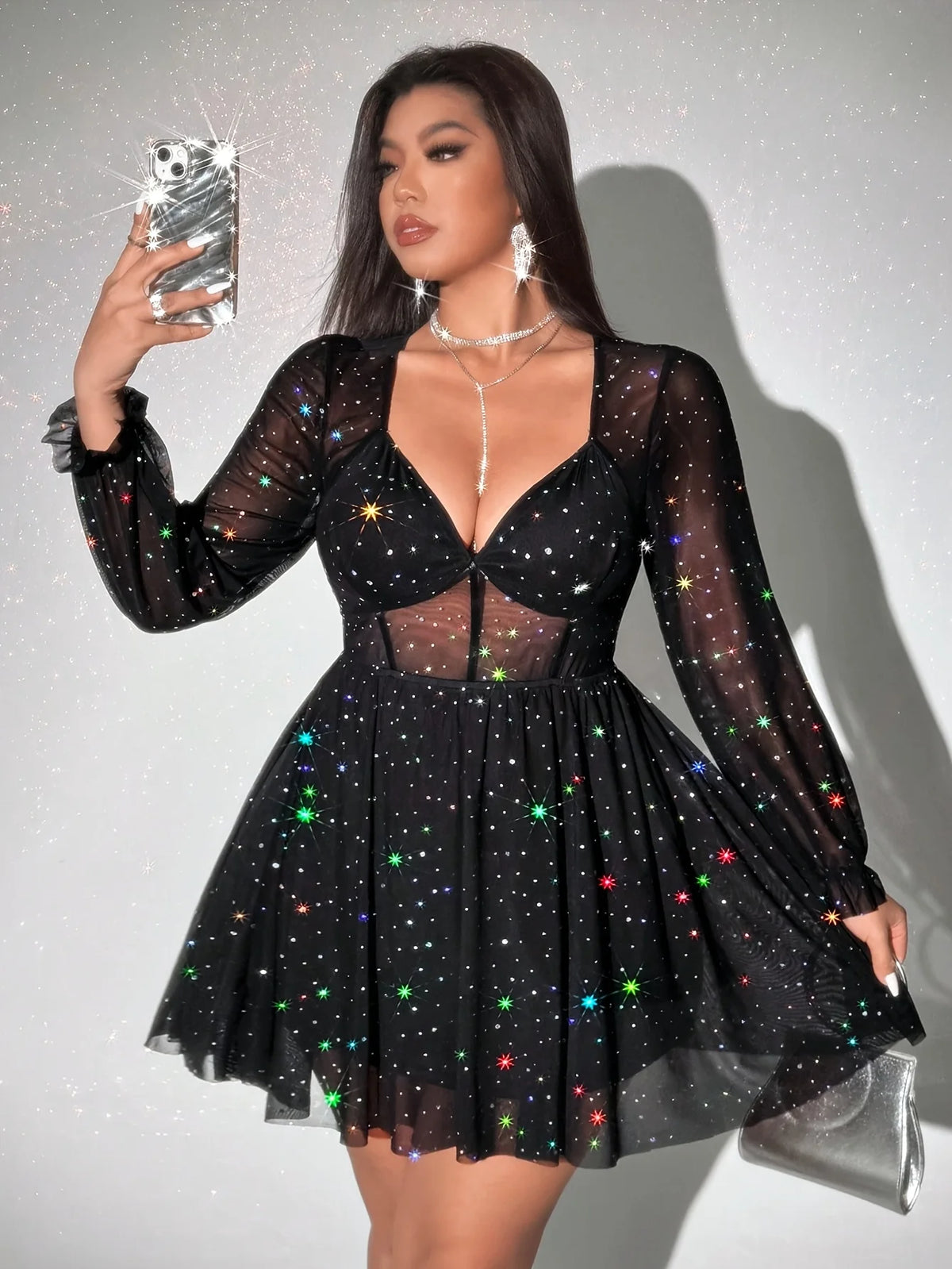 Women's plus size dress, sparkling sheer mesh see-through sexy short dress, fashionable mini dress, V-neck mesh long-sleeved dre