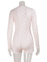 Ahagaga Casual Women Playsuits O-Neck Regular Long Sleeves Print Single Breasted Skinny Homewear Floral Sweet Femlae Rompers