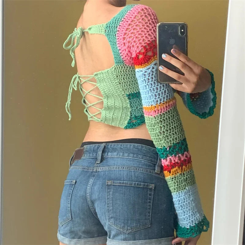 Women Summer Crop Tops Splicing Crochet Square Neck Long Sleeves Knitted T-shirt Tops 2021 Streetwear for Girls Green