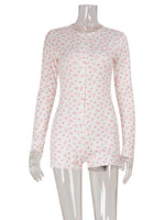 Ahagaga Casual Women Playsuits O-Neck Regular Long Sleeves Print Single Breasted Skinny Homewear Floral Sweet Femlae Rompers