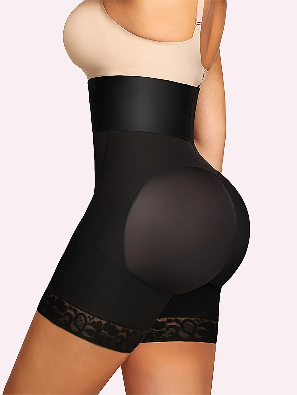 Women's high-waisted shapewear, black lace-paneled body shaper for tummy control and buttock lifting, elastic shaping for legs a