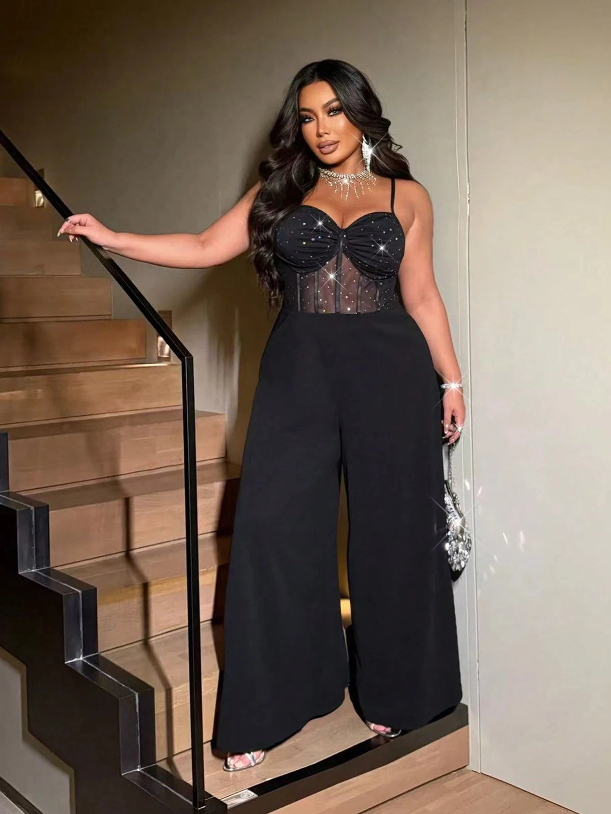 Plus-size women's sexy wide-leg jumpsuit, a stylish backless jumpsuit with shimmering stretch mesh, suitable for dates, parties