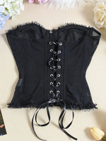 A black women's casual retro sexy double-layer mesh fishbone underwire slim-fit vest with lace details on the front and a tie de