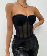 A black women's casual retro sexy double-layer mesh fishbone underwire slim-fit vest with lace details on the front and a tie de