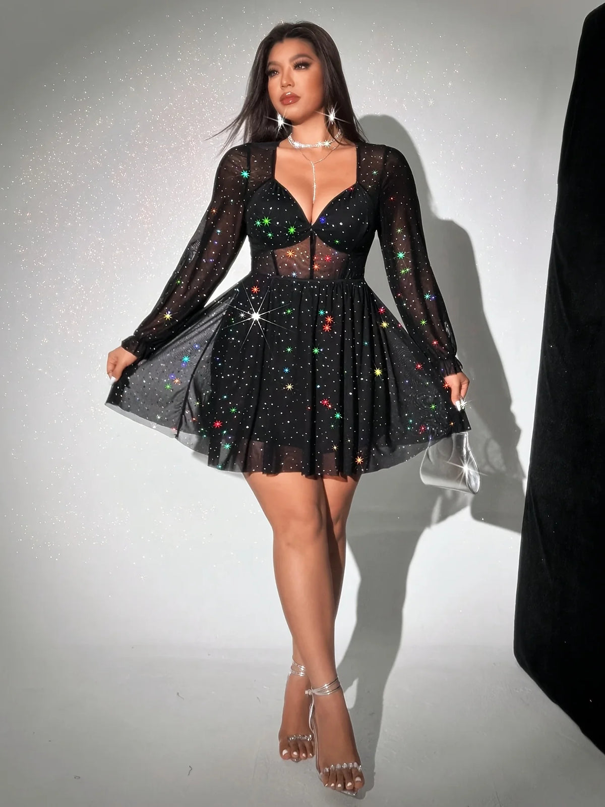 Women's plus size dress, sparkling sheer mesh see-through sexy short dress, fashionable mini dress, V-neck mesh long-sleeved dre
