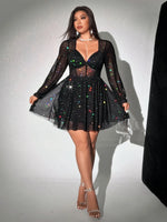 Women's plus size dress, sparkling sheer mesh see-through sexy short dress, fashionable mini dress, V-neck mesh long-sleeved dre
