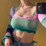 Women Summer Crop Tops Splicing Crochet Square Neck Long Sleeves Knitted T-shirt Tops 2021 Streetwear for Girls Green