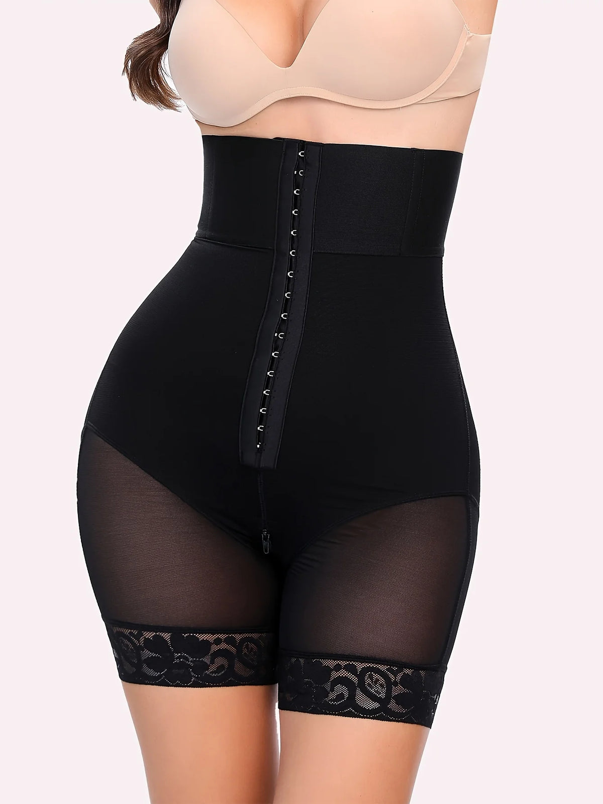 Women's high-waisted shapewear, black lace-paneled body shaper for tummy control and buttock lifting, elastic shaping for legs a
