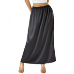 Women's Solid Color Skirts Elastic Waist Satin Underskirt Lace Trim Skirt for Under Dresses Black/White