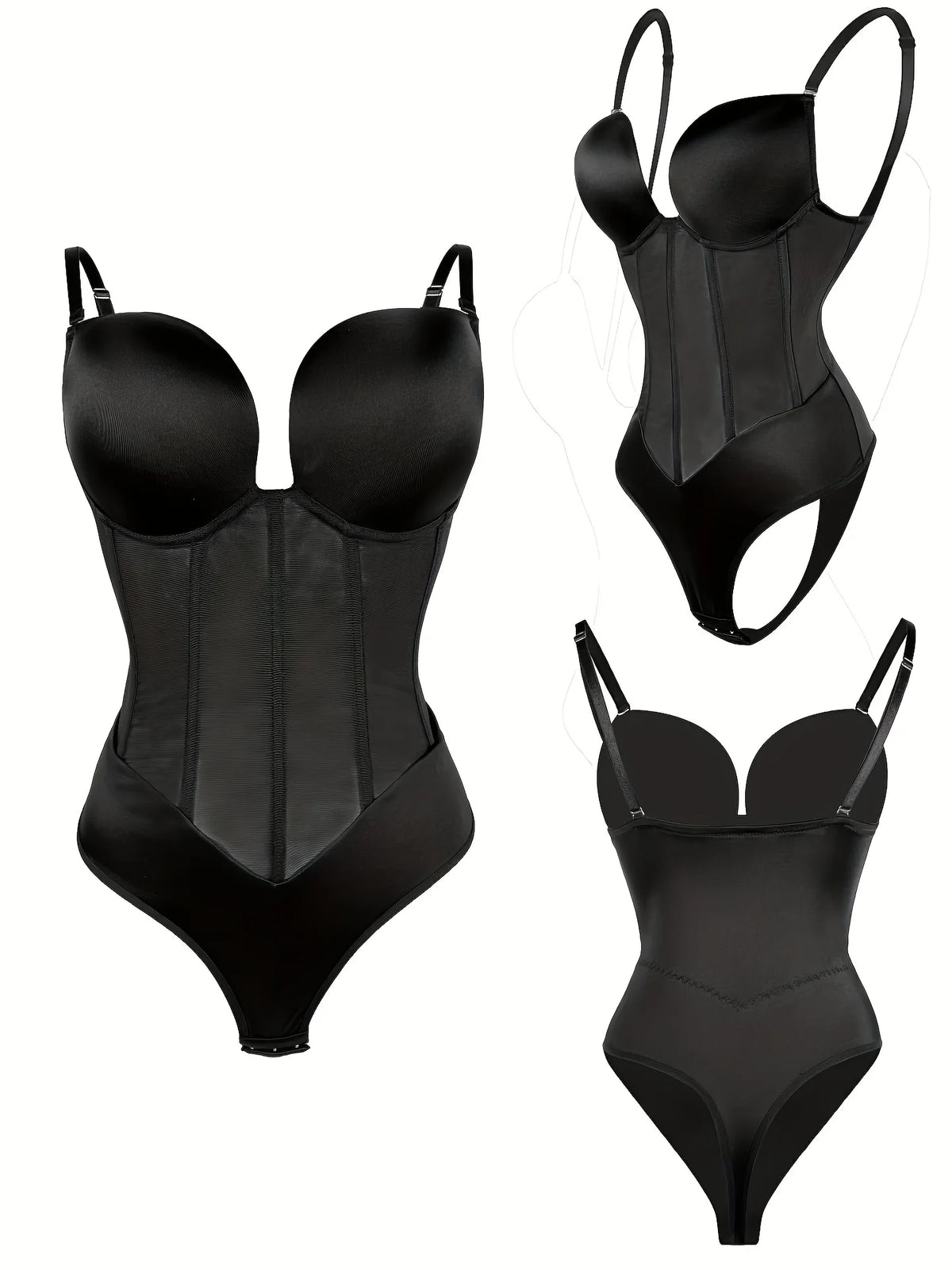 1pc Sexy Corset Solid Color Deep V Neck Contouring Onesie Belly Control Waist Trainer Slimming Thong Shapewear Women'S Lingerie