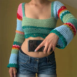 Women Summer Crop Tops Splicing Crochet Square Neck Long Sleeves Knitted T-shirt Tops 2021 Streetwear for Girls Green