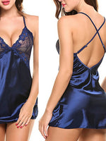 Women Sexy Satin Lace Nightdress Babydoll Lingerie V-Neck Sleeveless Sleepwear Pajama Dress