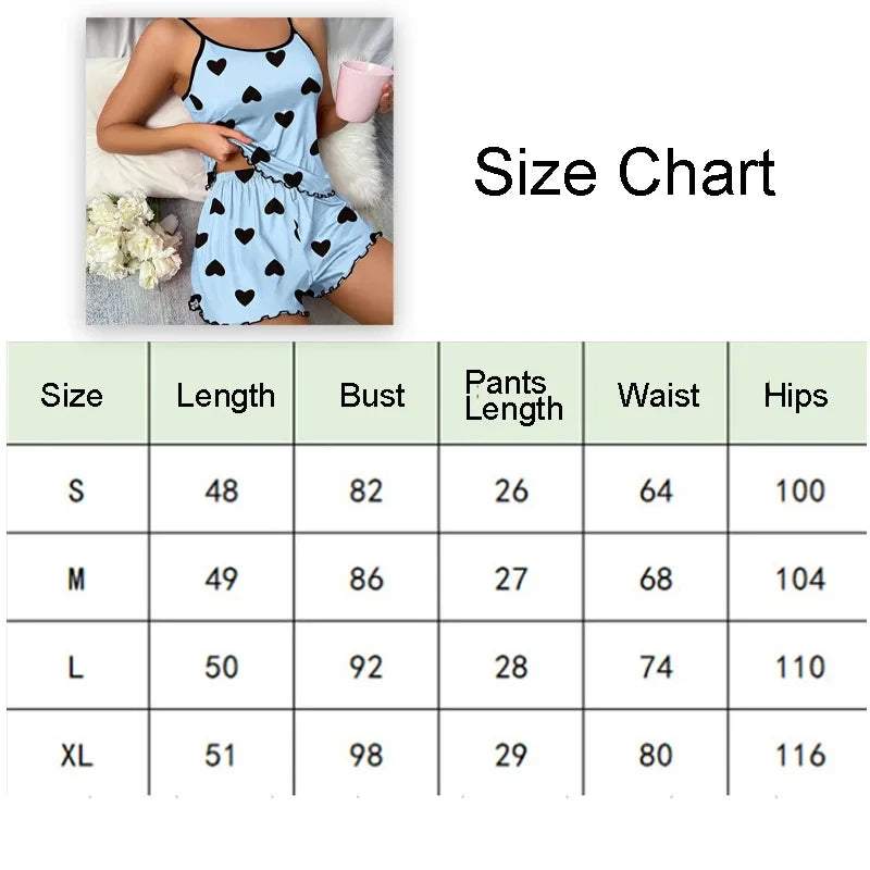Women Heart Print Pajama Set Spaghetti Strap Cami Top and Shorts Soft Breathable Summer Sleepwear Casual Loungewear Set