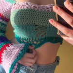 Women Summer Crop Tops Splicing Crochet Square Neck Long Sleeves Knitted T-shirt Tops 2021 Streetwear for Girls Green