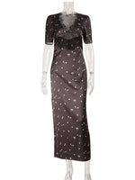 Ahagaga Eelgant Dresses For Women Patchwork Lace Floral V-Neck Short Sleeves Slim Fit Bodycon Trend Sheath Femlae Vestidos Robes