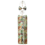 Women Tie-dye Printed Summer Party Club Halter Long Dress Backless Deep V Neck Sleeveless Bead Chain Bodycon Dresses