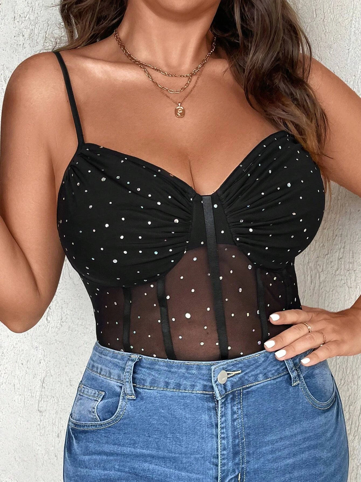 Plus-size Women's Rhinestone Shimmering See-through Bodysuit, Backless Lace Halter Mesh Sexy Bodysuit, Can Be Worn as an Outer G