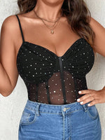 Plus-size Women's Rhinestone Shimmering See-through Bodysuit, Backless Lace Halter Mesh Sexy Bodysuit, Can Be Worn as an Outer G