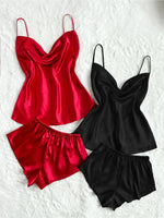 2 Sets Sexy Solid Satin Women's Pajama Set - Turtleneck Backless Cami Top & Shorts, Comfortable Relaxed Fit, Summer Nightwear