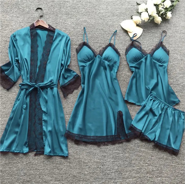 4 Pieces Women's Sexy Lace Pajamas Fashion V-Neck Gown Comfort Pajamas Pajamas Pajamas With Chest Pads Nightdress Casual Loungew