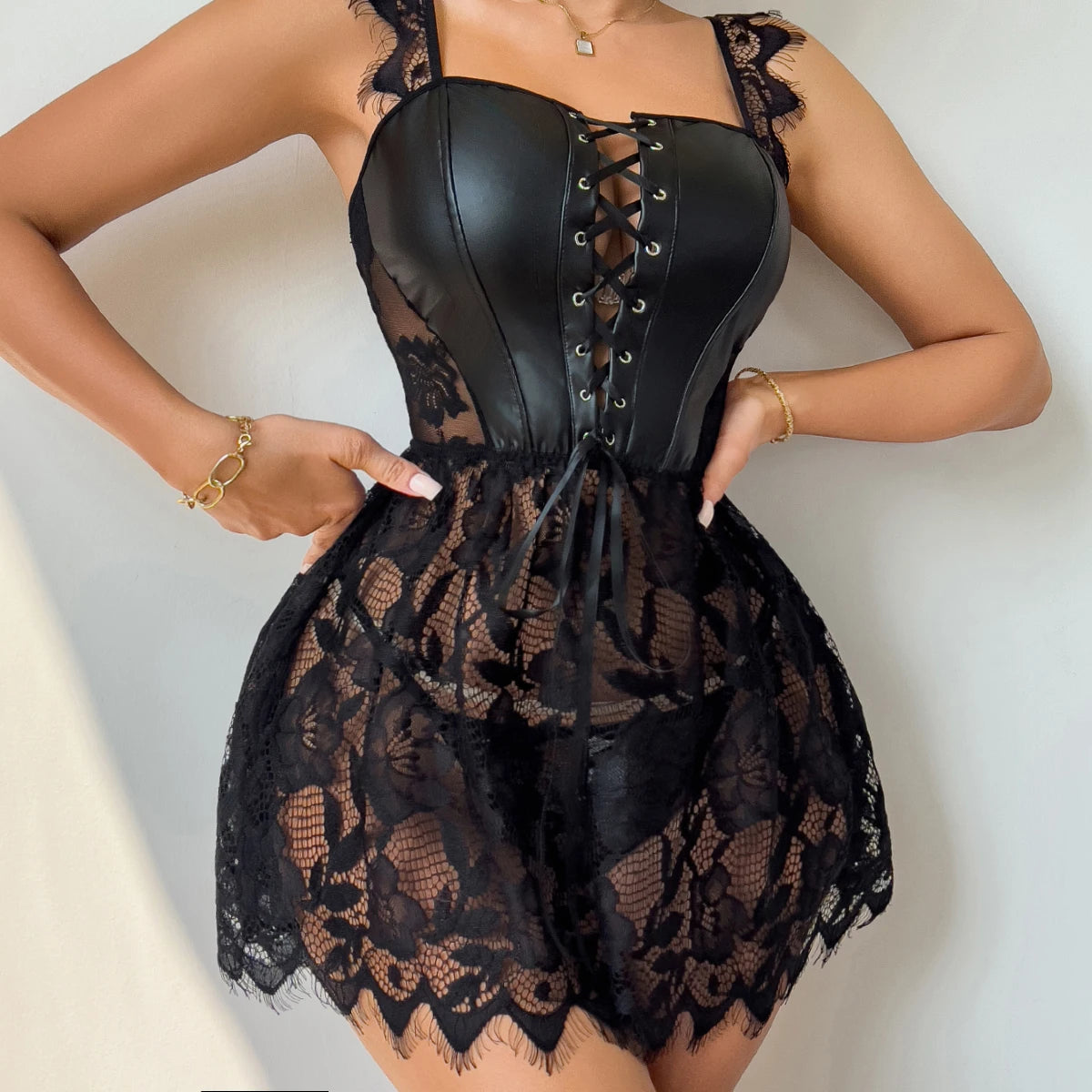 Sexy Lingerie for Women Sheer PU Leather Lace Lingerie Set Women's Lingerie Babydoll Lingerie Black Pajamas