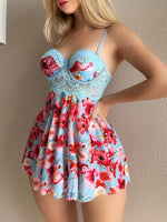 Women's Lace Underwire Floral Babydoll Nightgown Flowy Lingerie Dress and Thong Set