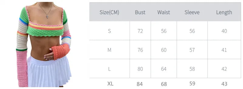 Women Summer Crop Tops Splicing Crochet Square Neck Long Sleeves Knitted T-shirt Tops 2021 Streetwear for Girls Green